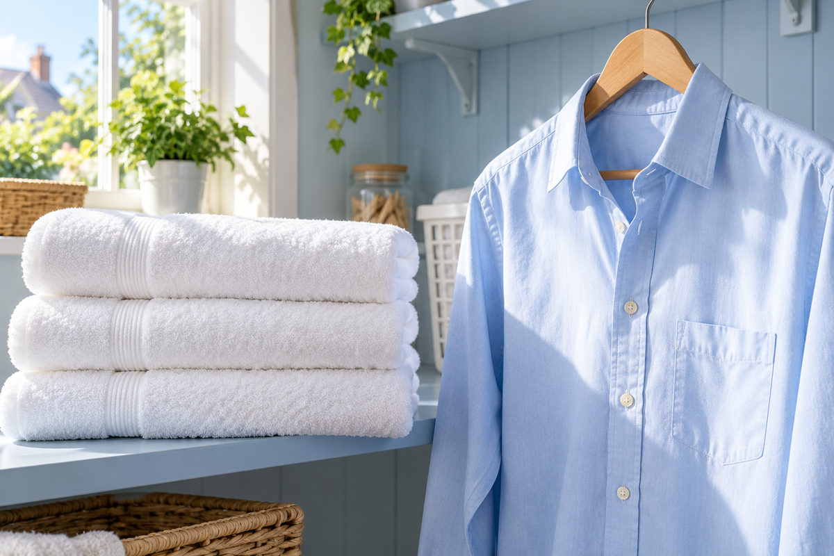 Folded white towels and a pale blue shirt