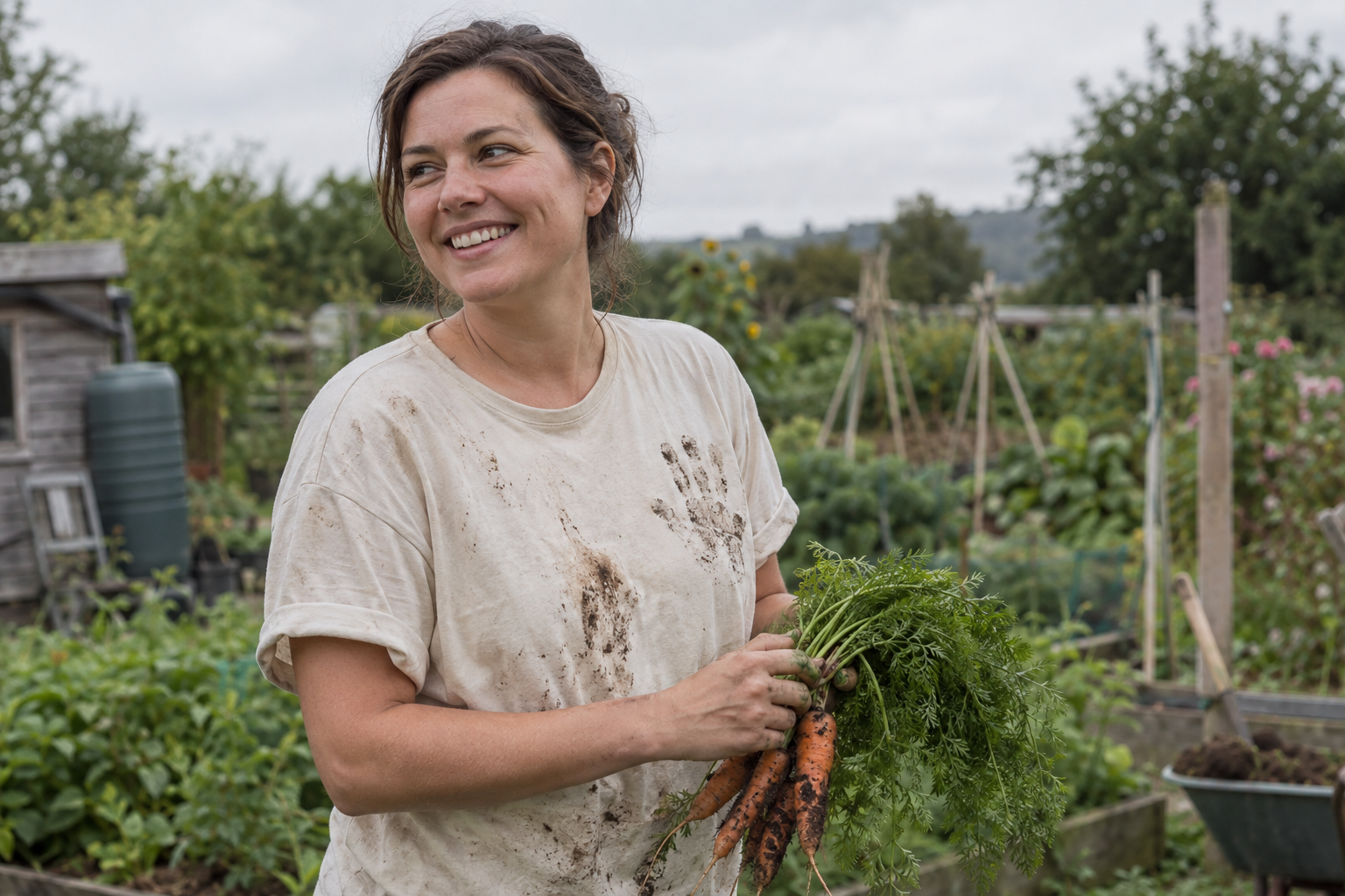 Illustrative adult gardener with soil on her cotton T-shirt