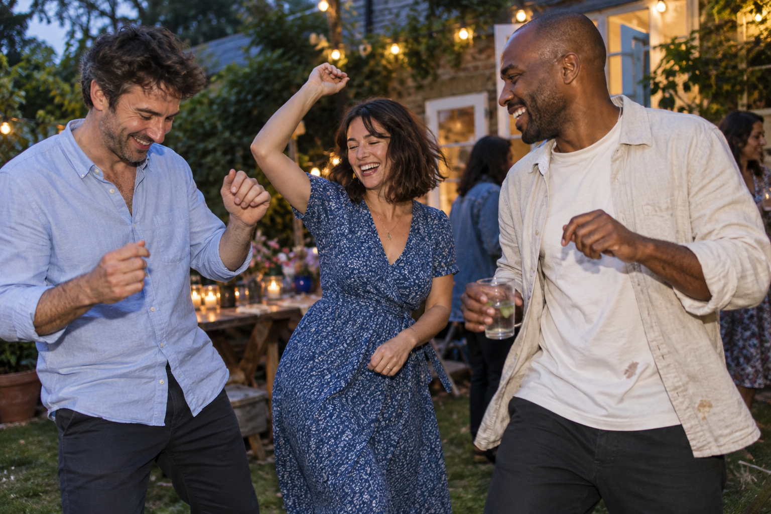 Illustrative adult friends dancing at an evening garden party