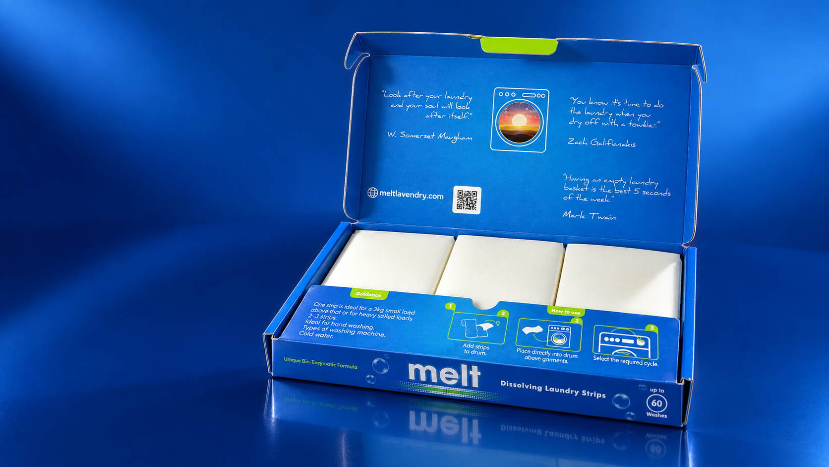 The whole slim Melt box, open to show its laundry strips
