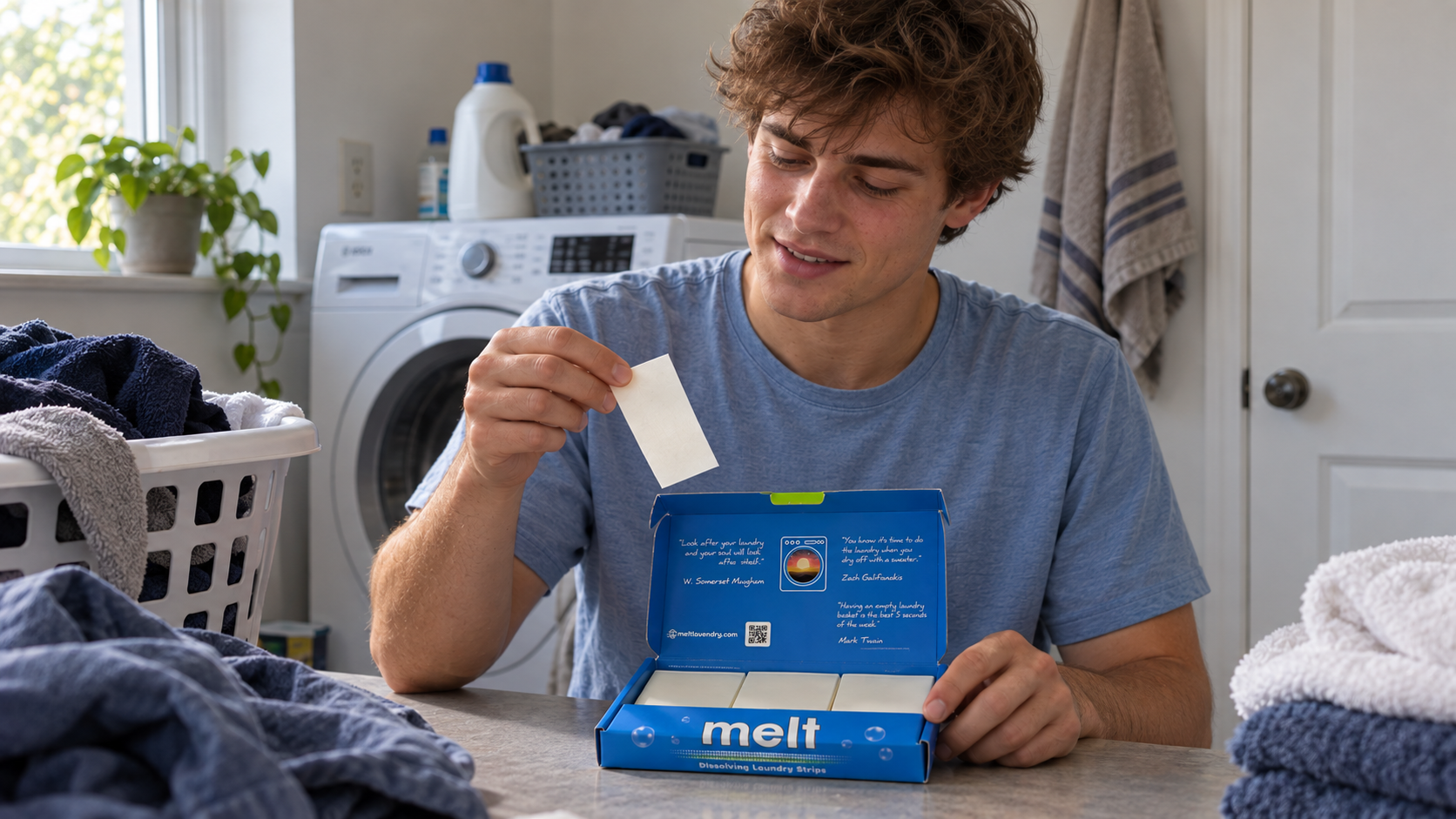 Illustrative student holding a laundry strip