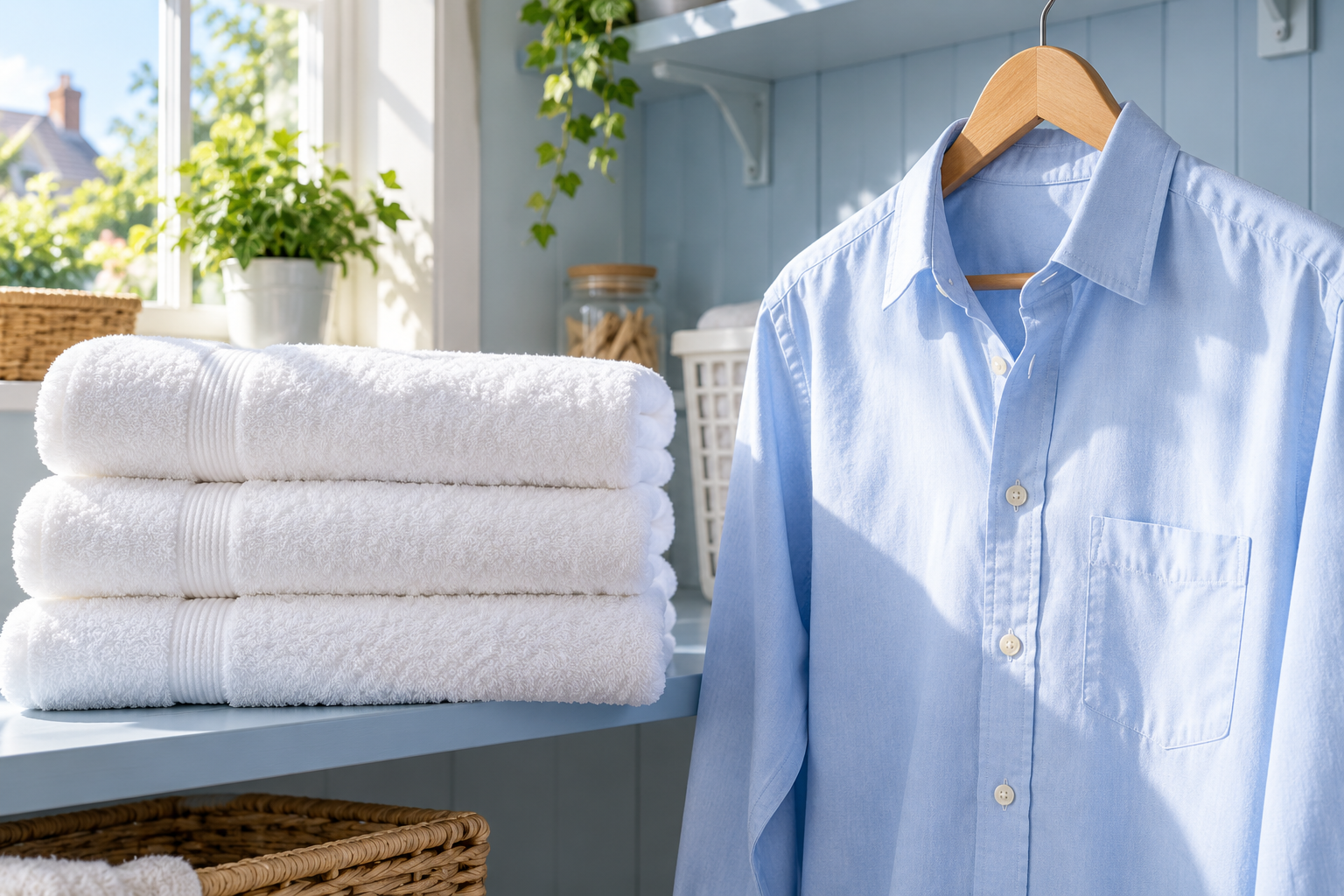 Illustrative clean white towels and a pale blue shirt