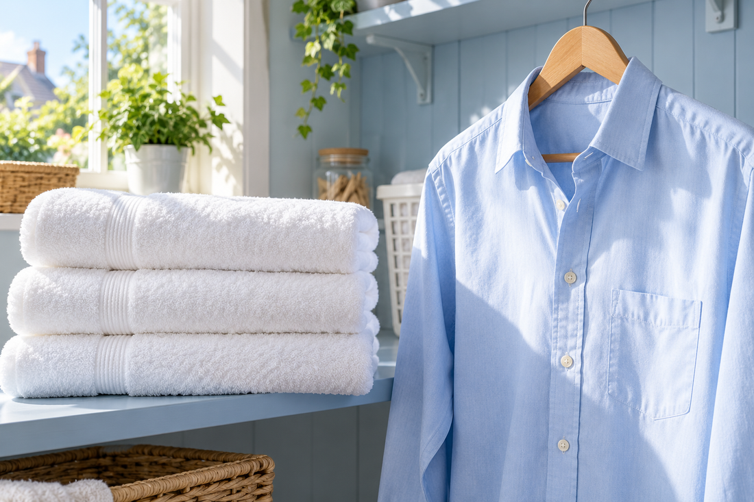 Illustrative fresh white towels and a clean pale blue cotton shirt