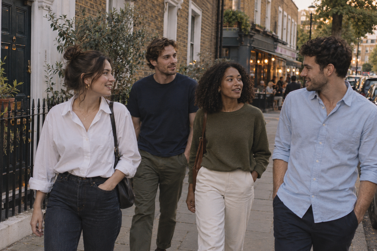 Illustrative friends heading out in clean everyday clothes
